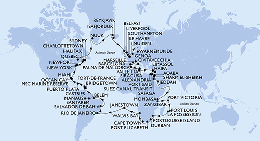 Route MSC Weltreise 2024