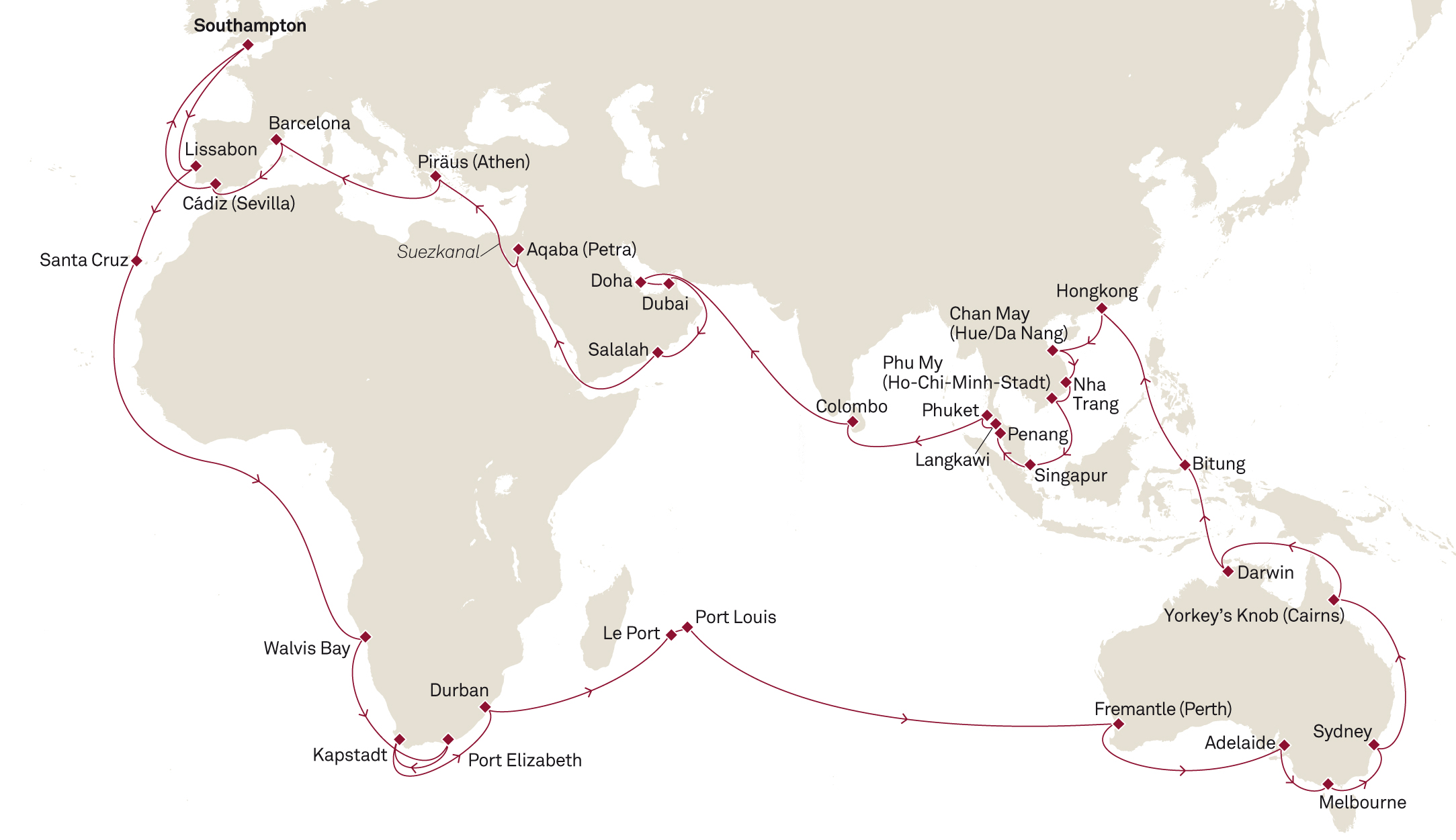 Weltreise 2024 Queen Mary 2 Karte