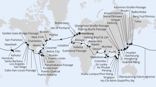 AIDA Weltreise 2025 von Hamburg