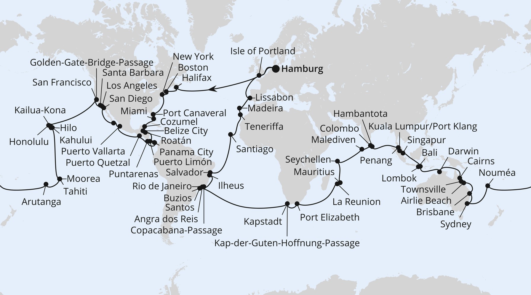 AIDAdiva Weltreise Routenkarte 2027